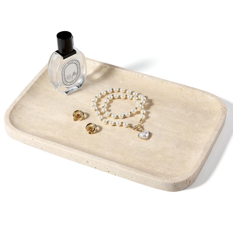 Koville Romano Travertine Tray, 12"x8" Natural Stone Vanity Tray for Countertop Bathroom Kitchen Dresser, Decorative Marble Catchall Trays for Perfume Jewelry, Rectangular Serving Tray(Beige) - Image 1