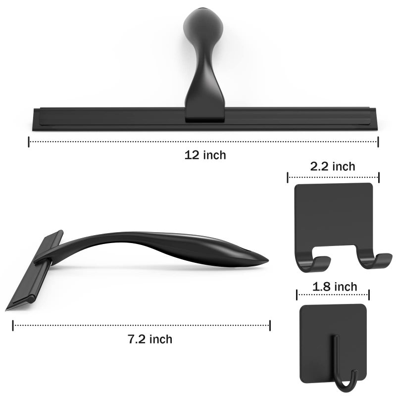 Docrok All-Purpose Stainless Steel Shower Squeegee for Shower Doors with 2 Adhesive Hooks, Bathroom Cleaner Tool Household Window Mirror Squeegee for Home Cleaning, Glass Door, Tile Wall, Car, 12 Inch Black - Image 2