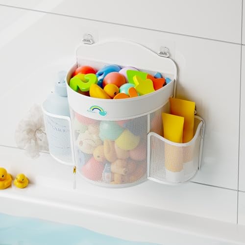 Austion Hanging Bath Toy Storage - Large Opening Quick Dry Mesh Bath Toy Holder with 2 Side Pockets and Bottom Zipper, Space-Saving Bath Toy Organizer for Kids Bathtubs - White - Image 1