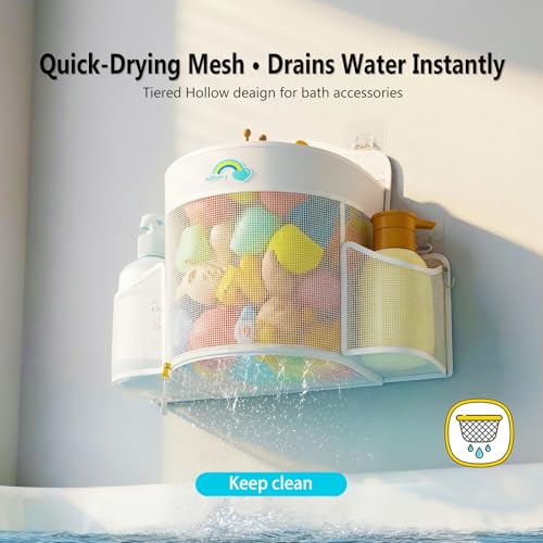 Austion Hanging Bath Toy Storage - Large Opening Quick Dry Mesh Bath Toy Holder with 2 Side Pockets and Bottom Zipper, Space-Saving Bath Toy Organizer for Kids Bathtubs - White - Image 3