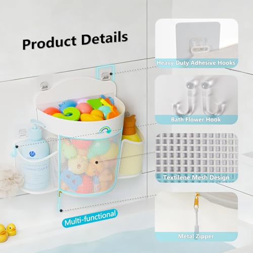 Austion Hanging Bath Toy Storage - Large Opening Quick Dry Mesh Bath Toy Holder with 2 Side Pockets and Bottom Zipper, Space-Saving Bath Toy Organizer for Kids Bathtubs - White - Image 4