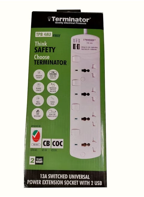 4 Way Universal Power Extension Socket With 2 USB