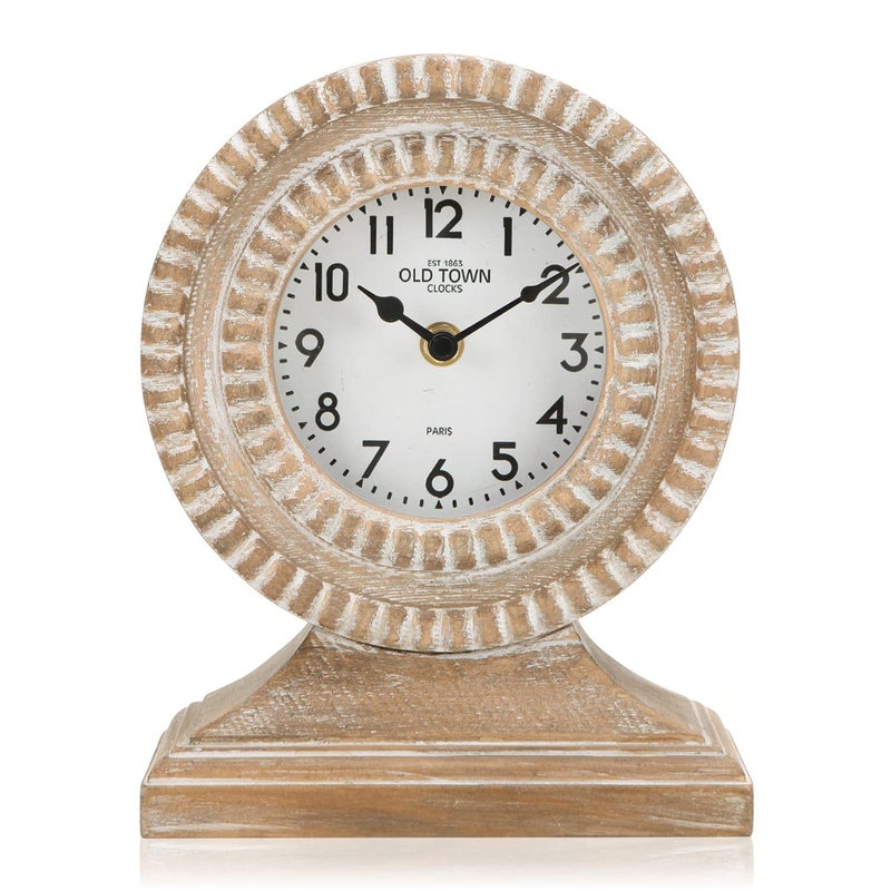 NIKKY HOME Hand Carved Wood Table Clock Shelf Desk Top Clock Battery Operated Boho Design Vintage Home Decor for Fireplace Mantel Desktop Countertop Natural Wood Color