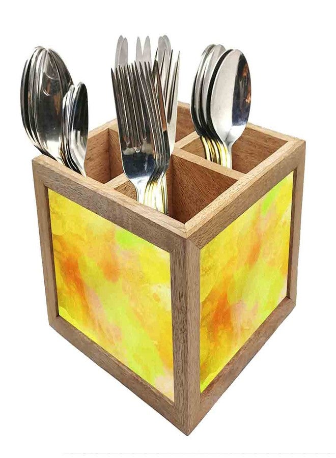 Nutcase Wooden Cutlery Stand Holder Silverware Caddy Spoons Forks Knives Organizer for Dining Table & Kitchen -Made in India-Spoons NOT Included - Yellow Watercolor - Image 1