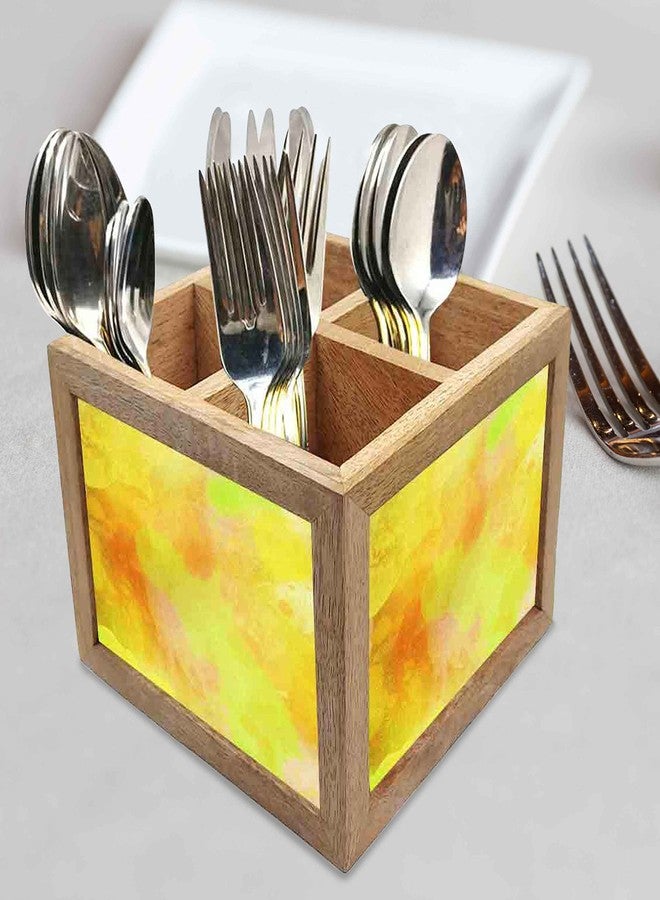 Nutcase Wooden Cutlery Stand Holder Silverware Caddy Spoons Forks Knives Organizer for Dining Table & Kitchen -Made in India-Spoons NOT Included - Yellow Watercolor - Image 2