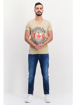Canadian Peak Men V Neck Short Sleeves Embroidered T-Shirts, Beige  - Image 3