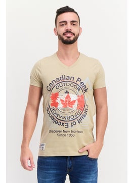 Canadian Peak Men V Neck Short Sleeves Embroidered T-Shirts, Beige  - Image 1