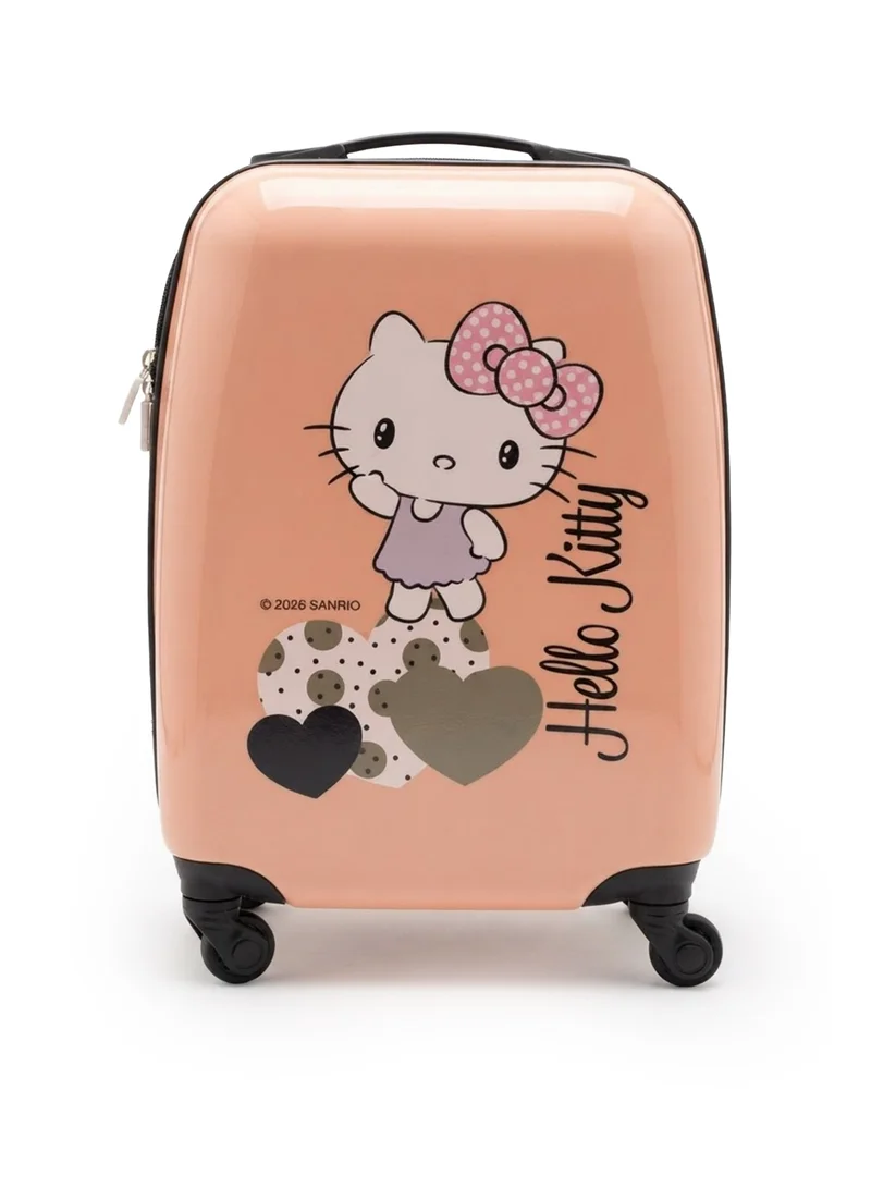 سانريو Hello Kitty Kids Hard Shell Trolley Luggage 16" – Peach Pink ABS + PC UV Print Carry-On Suitcase with 360° Spinner Wheels