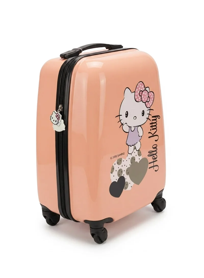 سانريو Hello Kitty Kids Hard Shell Trolley Luggage 16" – Peach Pink ABS + PC UV Print Carry-On Suitcase with 360° Spinner Wheels