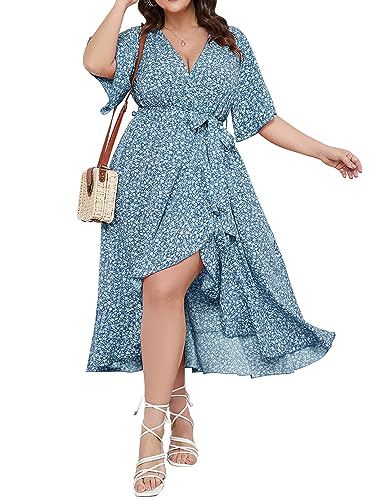SCOMCHIC Plus Size Women's Summer Bohemian Floral Printed Wrap V Neck Beach Party Flowy Ruffle Maxi Long Dress Blue 4XL - Image 1