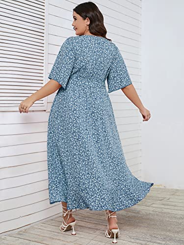 SCOMCHIC Plus Size Women's Summer Bohemian Floral Printed Wrap V Neck Beach Party Flowy Ruffle Maxi Long Dress Blue 4XL - Image 3