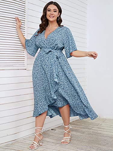 SCOMCHIC Plus Size Women's Summer Bohemian Floral Printed Wrap V Neck Beach Party Flowy Ruffle Maxi Long Dress Blue 4XL - Image 2