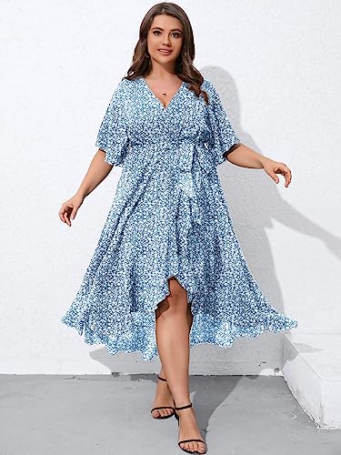 SCOMCHIC Plus Size Women's Summer Bohemian Floral Printed Wrap V Neck Beach Party Flowy Ruffle Maxi Long Dress Blue 4XL - Image 5