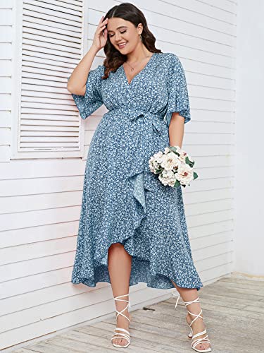 SCOMCHIC Plus Size Women's Summer Bohemian Floral Printed Wrap V Neck Beach Party Flowy Ruffle Maxi Long Dress Blue 4XL - Image 4
