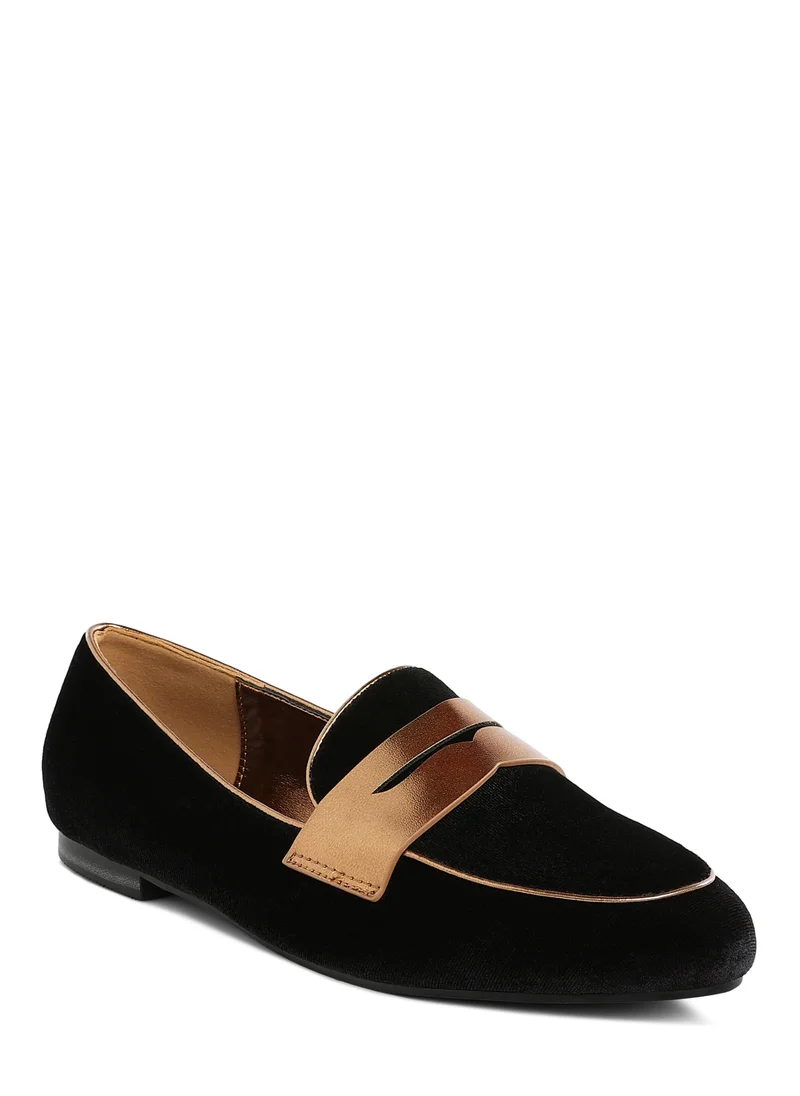 London Rag Penny Strap Velvet Loafers in Black