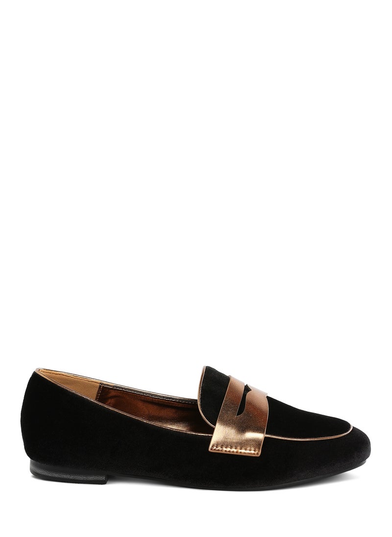 London Rag Penny Strap Velvet Loafers in Black  - Image 1