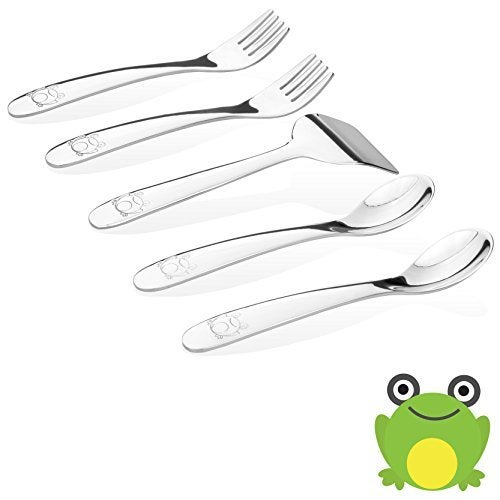 Kiddobloom Baby Stainless Steel Utensil Set Frog Model High Grade Stainless 304 188 5pc set 2 baby spoons 2 baby safe forks 1 baby butter spreader Elegant Baby Keepsake