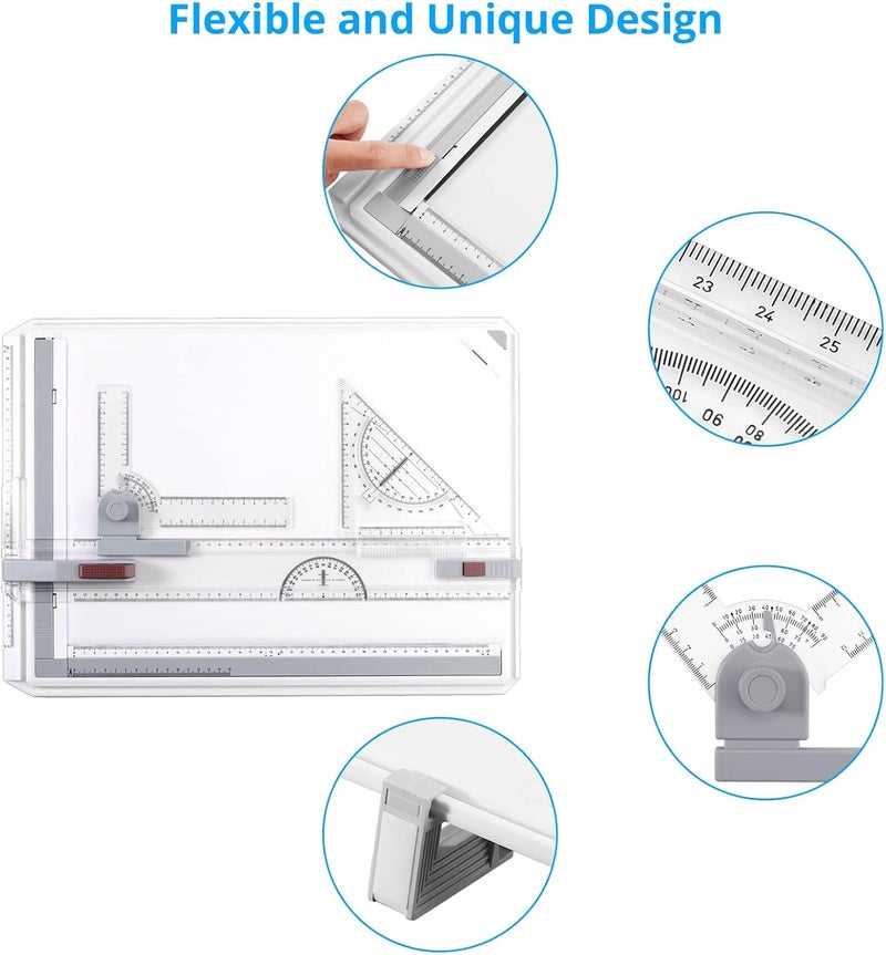 eSynic A3 Drawing Board Set, A3 Multifunction Drafting Table Adjustable Measuring System Angle Parallel Motion Drawing Board with Protractor, Paper Locator, Sliding Ruler, Anti Slip Support Leg - Image 5