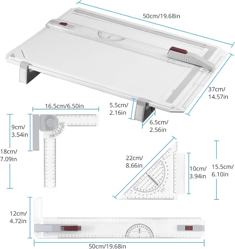 eSynic A3 Drawing Board Set, A3 Multifunction Drafting Table Adjustable Measuring System Angle Parallel Motion Drawing Board with Protractor, Paper Locator, Sliding Ruler, Anti Slip Support Leg - Image 3