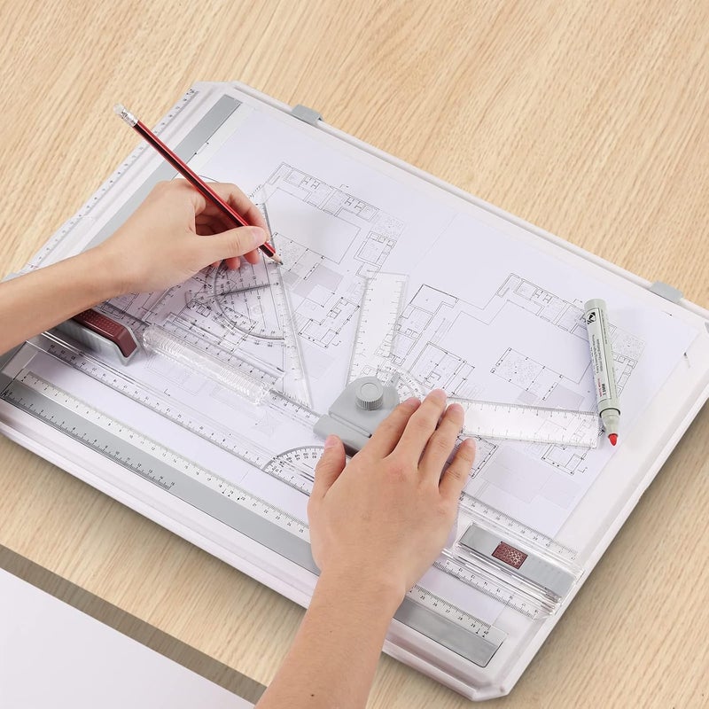 eSynic A3 Drawing Board Set, A3 Multifunction Drafting Table Adjustable Measuring System Angle Parallel Motion Drawing Board with Protractor, Paper Locator, Sliding Ruler, Anti Slip Support Leg - Image 2