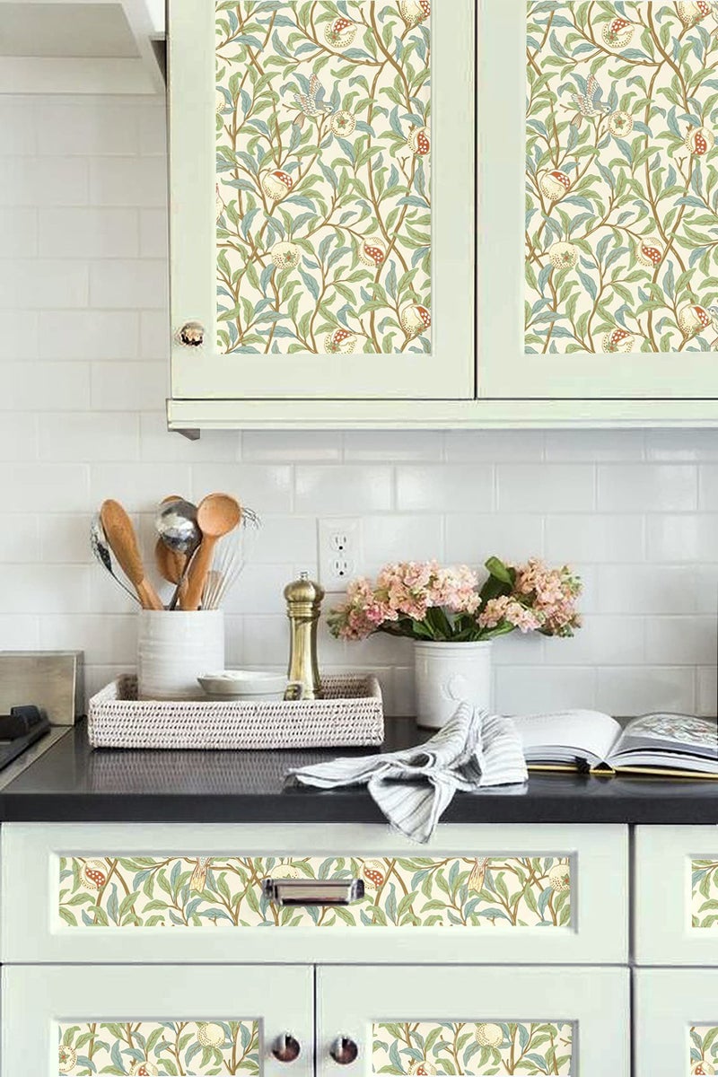 Blooming Wall DPYC10-1 Vintage Green Pomegranate Tree with Hummingbird on Textured Peel and Stick Wallpaper Self-Adhesive Prepasted Wallpaper Wall Décor - Image 4
