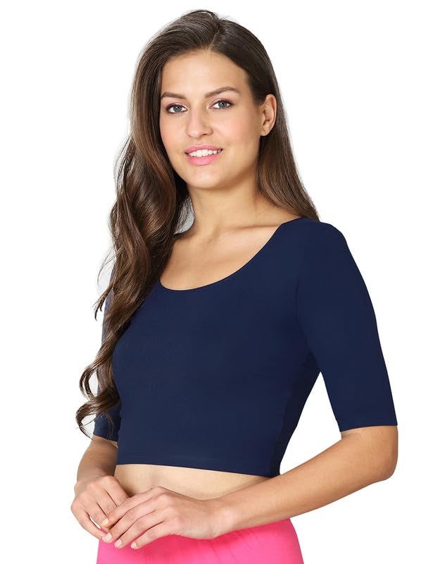 VSTAR Women's Viscose Perfect Half Sleeve Close Back Neck Readymade Crop Top_Comfy Blouse (N) Navy - Image 2