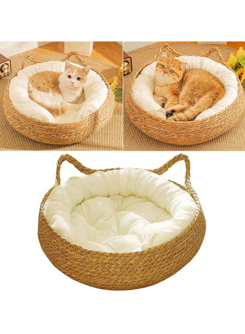 XiuWoo Natural Rattan Round Cat Bed with Washable Cushion - Handwoven Pet House for Cats/Small Dogs, Durable Scratching Board Design, Removable & Washable - Image 1
