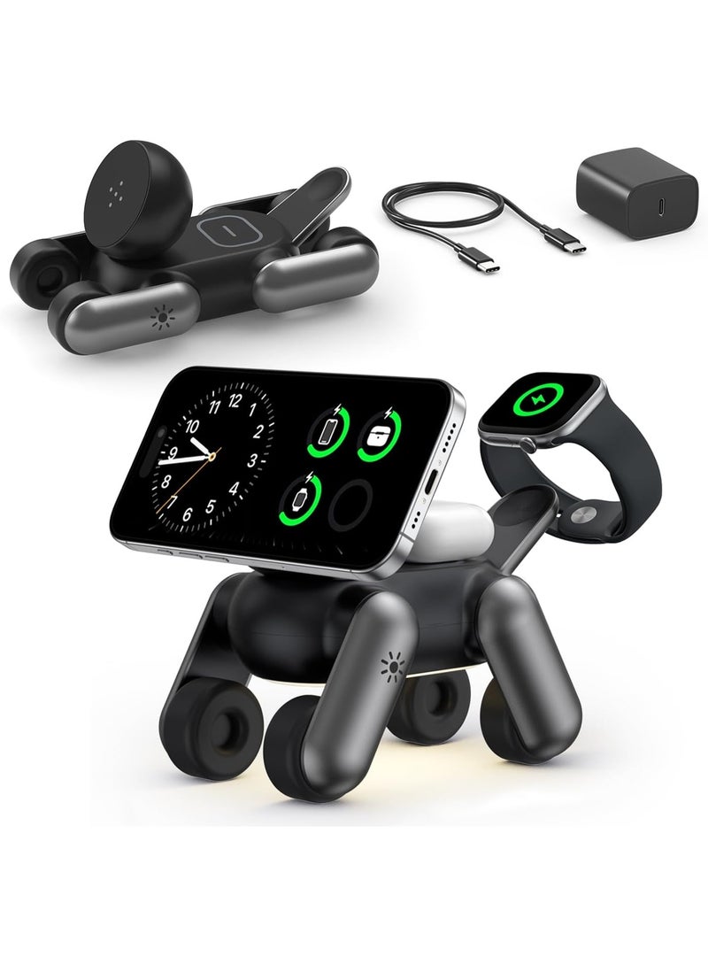UEQ 3 in 1 Magnetic Wireless Charging Station for Apple, MagSafe Fast Charger Stand with Foldable Robot Design & LED Night Light, Compatible with iPhone 17/17 Air/16/15/14/13/12 Series, Apple Watch & AirPods - Image 1