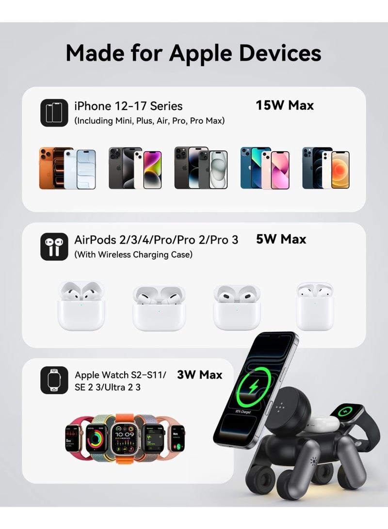 UEQ 3 in 1 Magnetic Wireless Charging Station for Apple, MagSafe Fast Charger Stand with Foldable Robot Design & LED Night Light, Compatible with iPhone 17/17 Air/16/15/14/13/12 Series, Apple Watch & AirPods - Image 2