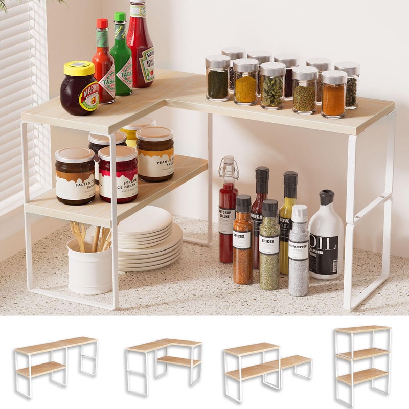 Golener Countertop Organizer Corner Shelf, 2-Tier Adjustable Stackable Corner Shelves for Kitchen, Spice Rack, Coffee Bar, Over Sink, Bathroom, Dresser Table, Corner Counter Shelf Stand, Natural Beige - Image 1