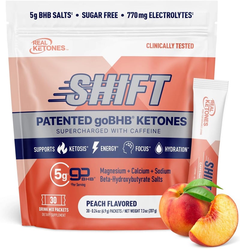 Real Ketones مشروبات كيتون BHB الخارجية من ريل كيتونز - عبوات مسحوق الكهارل كيتو بدون سكر مع 4 كهارل رئيسية للصيام بالإضافة إلى كيتون BHB المرطب الحاصل على براءة اختراع - 30 عبوة بنكهة الخوخ مع كافيين - Image 1