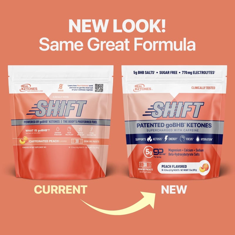 Real Ketones مشروبات كيتون BHB الخارجية من ريل كيتونز - عبوات مسحوق الكهارل كيتو بدون سكر مع 4 كهارل رئيسية للصيام بالإضافة إلى كيتون BHB المرطب الحاصل على براءة اختراع - 30 عبوة بنكهة الخوخ مع كافيين - Image 2
