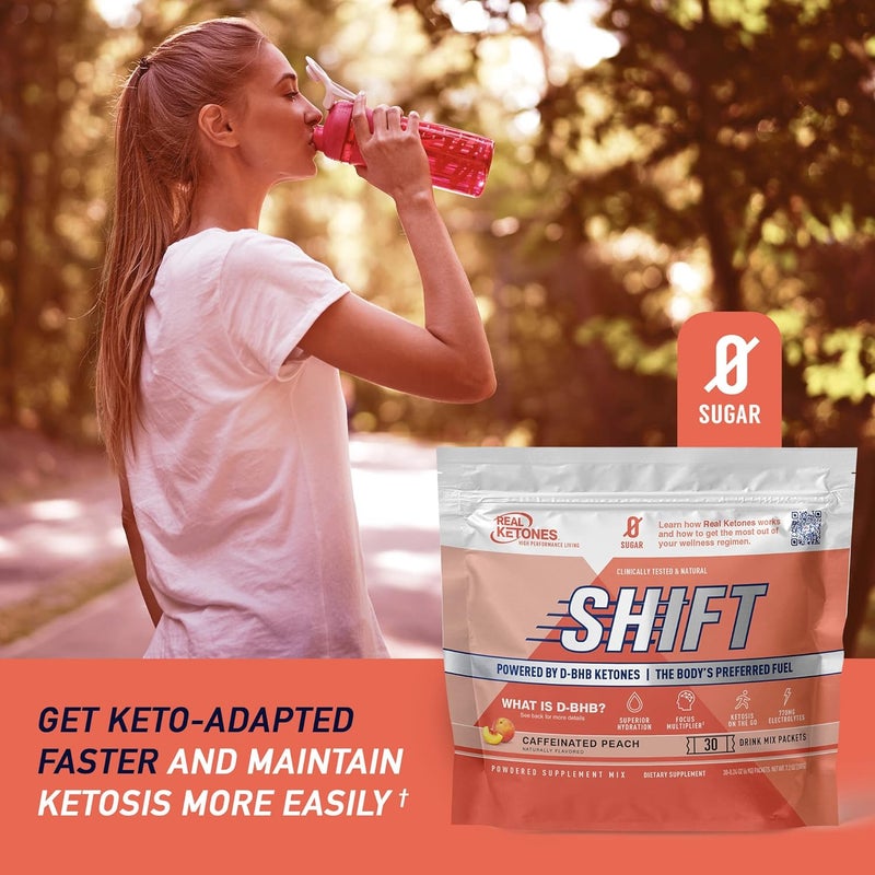 Real Ketones مشروبات كيتون BHB الخارجية من ريل كيتونز - عبوات مسحوق الكهارل كيتو بدون سكر مع 4 كهارل رئيسية للصيام بالإضافة إلى كيتون BHB المرطب الحاصل على براءة اختراع - 30 عبوة بنكهة الخوخ مع كافيين - Image 4