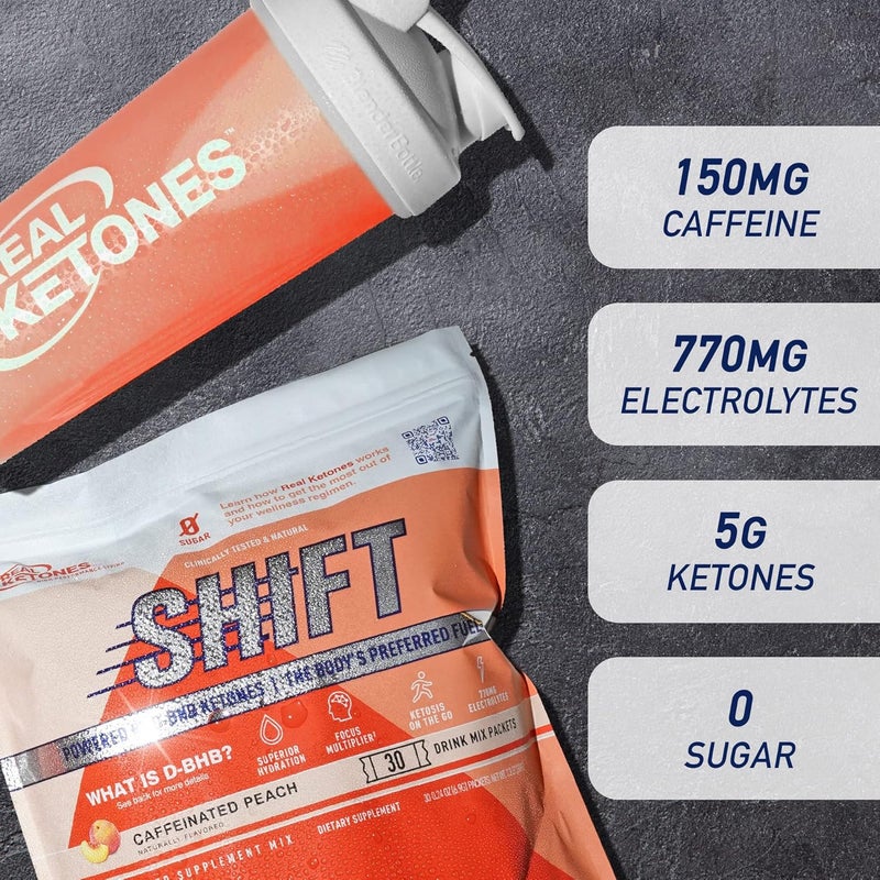 Real Ketones مشروبات كيتون BHB الخارجية من ريل كيتونز - عبوات مسحوق الكهارل كيتو بدون سكر مع 4 كهارل رئيسية للصيام بالإضافة إلى كيتون BHB المرطب الحاصل على براءة اختراع - 30 عبوة بنكهة الخوخ مع كافيين - Image 3