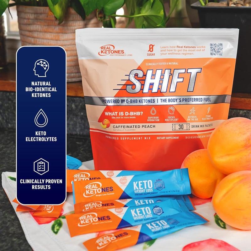 Real Ketones مشروبات كيتون BHB الخارجية من ريل كيتونز - عبوات مسحوق الكهارل كيتو بدون سكر مع 4 كهارل رئيسية للصيام بالإضافة إلى كيتون BHB المرطب الحاصل على براءة اختراع - 30 عبوة بنكهة الخوخ مع كافيين - Image 5