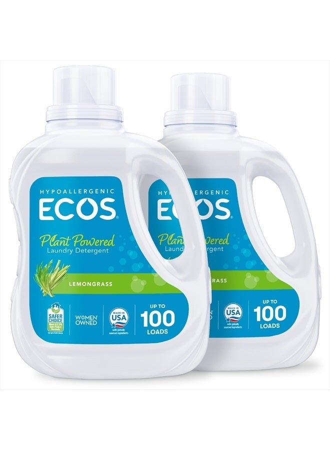 ECOS Laundry Detergent Liquid, 200 Loads - Dermatologist Tested Laundry Soap - Hypoallergenic, EPA Safer Choice Certified, Plant-Powered - Lemongrass, 100 Fl Oz (Pack of 2)  - Image 1