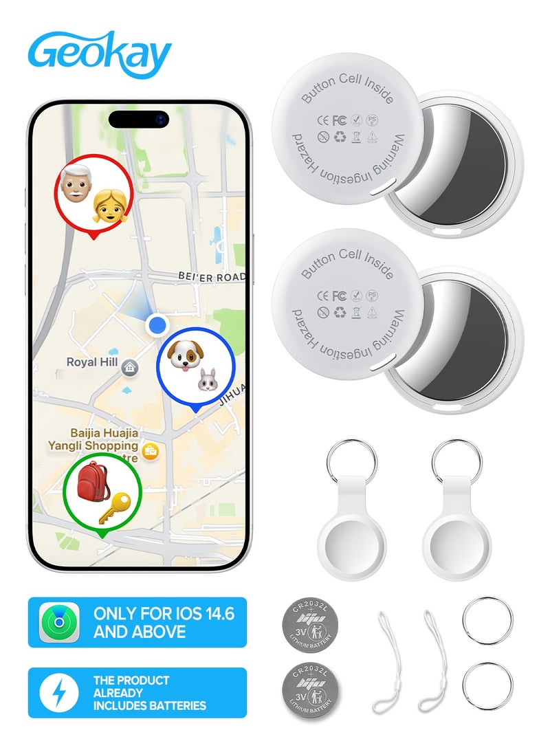 Geokay Bluetooth Tracker for Apple Find My (iOS Only) – 2-Pack Smart Item Locator with Global Find My Network, Up to 60M Bluetooth Range, Splash-Resistant Key Finder Tag for Keys, Bags, Luggage and Bikes, 2-Year Replaceable Battery with 2 Spare Lithium Batteries, Requires iOS 14.6+ - Image 1