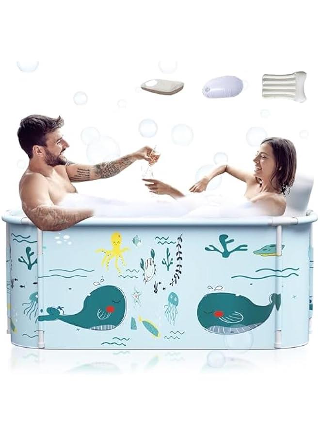 MIXDE Portable Foldable Bathtub for Adults, 53 Extra Large Bathtub with Cover, Spa Folding Bathtub Freestanding Bath Bucket Upgrade alloy framework, Thicken Bathtub For Both Hot & Ice Baths (Ocean Style) - Image 1