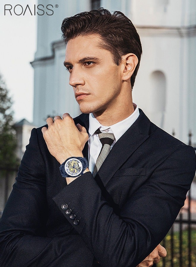 roaiss Men's Stainless Steel Strap Quartz Watch Analog Display Round Transparent Hollow Dial Imitating Mechanical Watch Design Waterproof Luminous Wristwatch as Gift for Men - Image 2