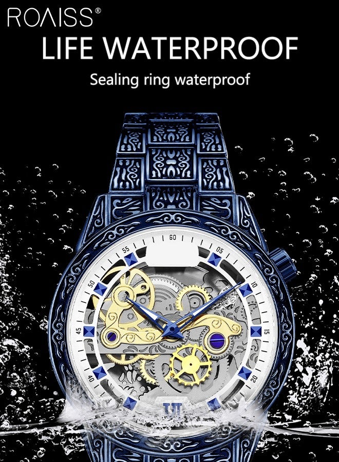 roaiss Men's Stainless Steel Strap Quartz Watch Analog Display Round Transparent Hollow Dial Imitating Mechanical Watch Design Waterproof Luminous Wristwatch as Gift for Men - Image 4