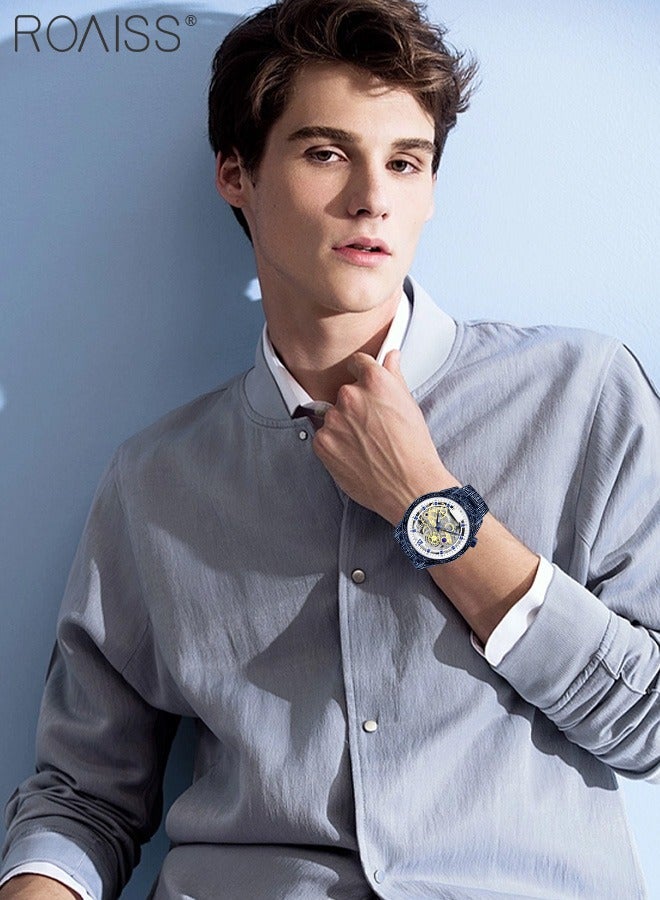 roaiss Men's Stainless Steel Strap Quartz Watch Analog Display Round Transparent Hollow Dial Imitating Mechanical Watch Design Waterproof Luminous Wristwatch as Gift for Men - Image 5