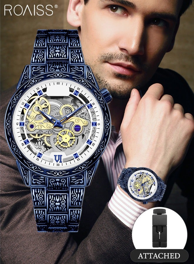 roaiss Men's Stainless Steel Strap Quartz Watch Analog Display Round Transparent Hollow Dial Imitating Mechanical Watch Design Waterproof Luminous Wristwatch as Gift for Men - Image 1