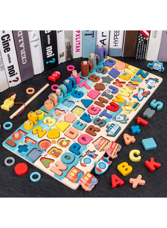 Children's Toys Wooden Magnetic Fishing Boy Little Girl Intelligence Development Baby Educational Early Education Wooden Building Blocks-Color:Seven-in-one Digital Alphabet Traffic Logarithmic Board - Image 4