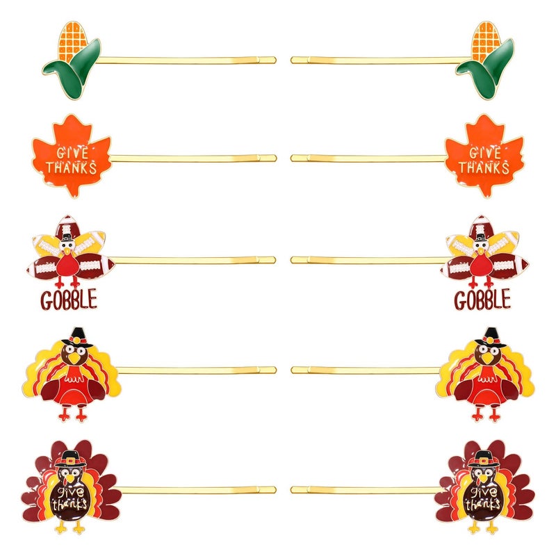 YAHPERN 12PCS Fall Hair Clips for Women Thanksgiving Hairpins Harvest Turkey Maple Leaf Pumpkin Hair Clips Autumn Bobby Pins Costume Party Hair Accessory Holiday Gifts Style D