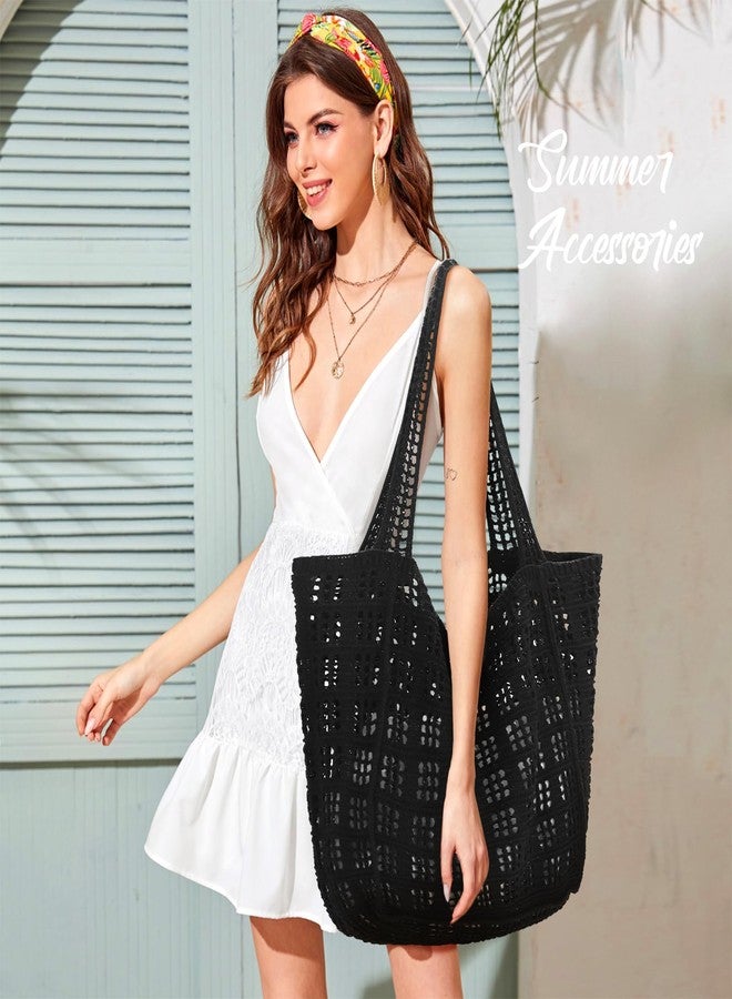 hatisan Crochet Bags for Women Summer Beach Tote Bag Aesthetic Tote Bag Hippie Bag Knit Bag(A Large 1 Black) - Image 3