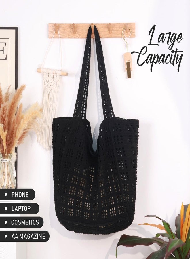 hatisan Crochet Bags for Women Summer Beach Tote Bag Aesthetic Tote Bag Hippie Bag Knit Bag(A Large 1 Black) - Image 5