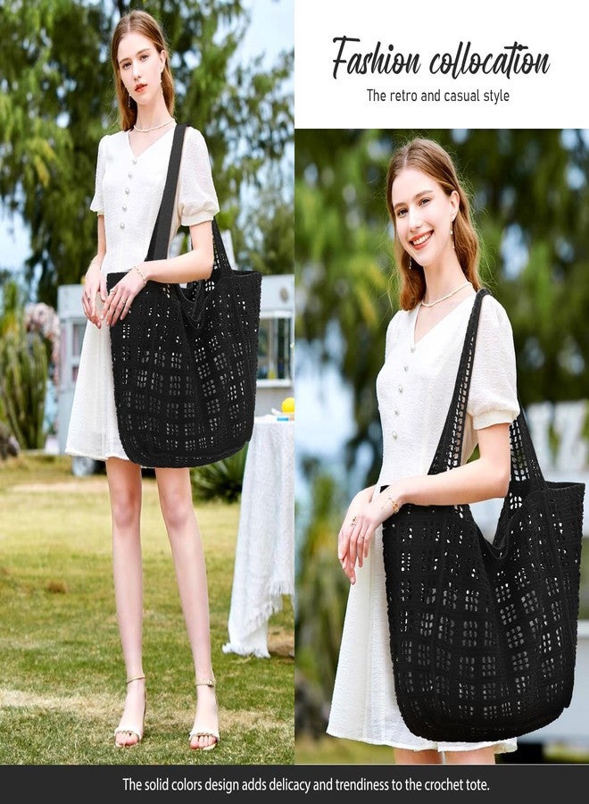 hatisan Crochet Bags for Women Summer Beach Tote Bag Aesthetic Tote Bag Hippie Bag Knit Bag(A Large 1 Black) - Image 4