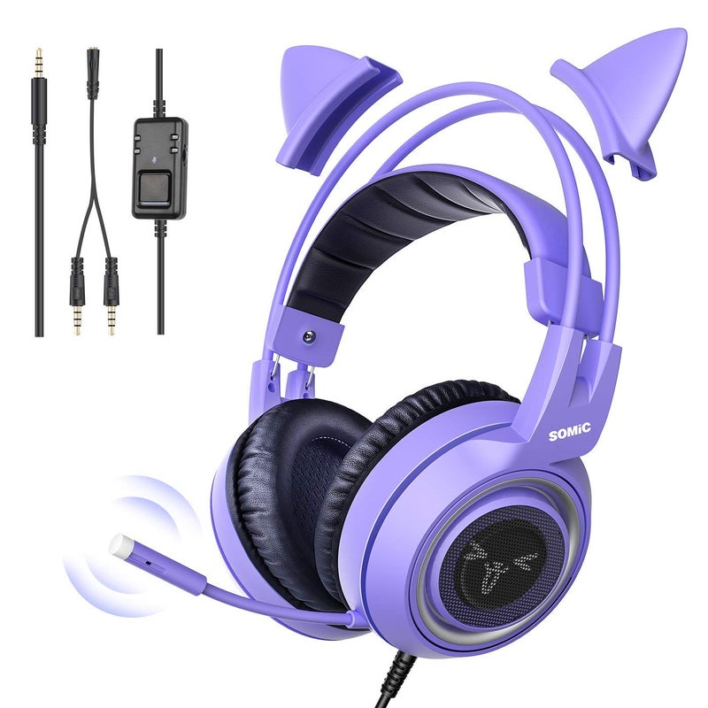 SOMIC G951S Purple Stereo Gaming Headset with Mic for PS4 PS5 Xbox One PC Phone Detachable Cat Ear 35MM Noise Reduction Headphones Computer Gaming Headphone SelfAdjusting Gamer Headsets