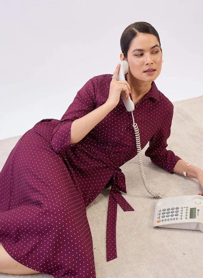 سولت اتاير SALT ATTIRE Maroon Polka Dot Fit & Flare Midi Dress