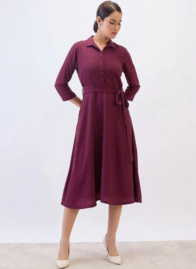 سولت اتاير SALT ATTIRE Maroon Polka Dot Fit & Flare Midi Dress